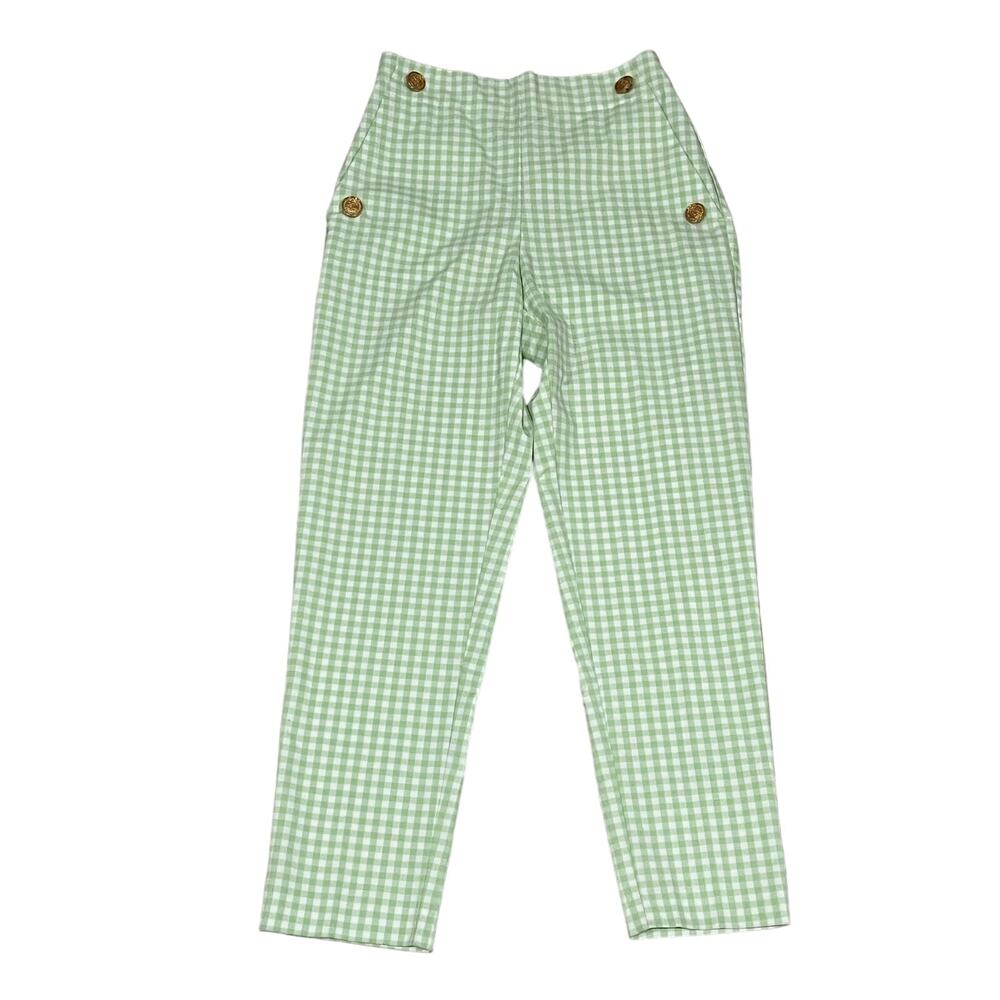 Zara Green White Gingham Straight Leg High Rise Pants XS Gold Buttons #534-T